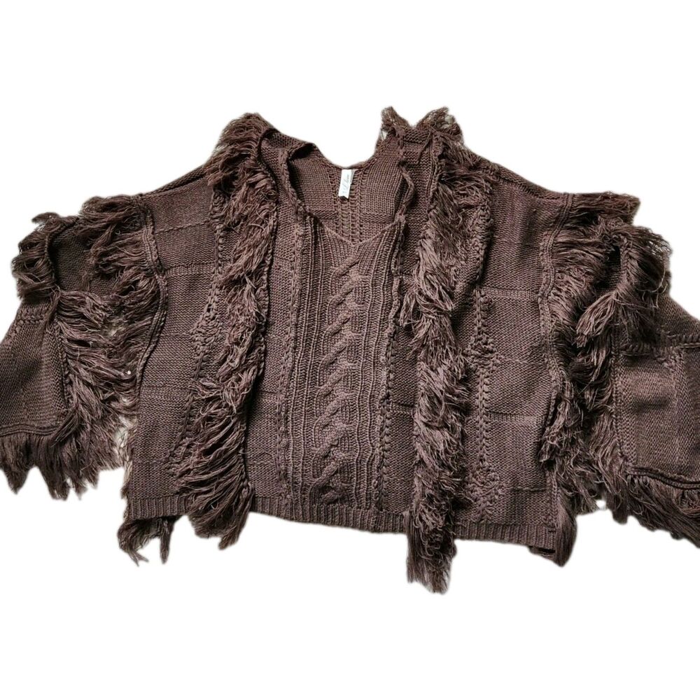 Love Charcoal Gray Cable Knit Fringe Sweater Oversized Side Slits V Neck M/L EUC